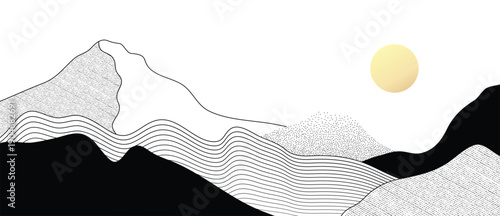 Mountain landscape vector background with minimal black white line mountains with pale sun in black and white and gray. Minimal design for poster, wallpaper, banner, template.