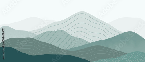 Mountain landscape vector background with layered green hills with contour lines in misty background in green and mint and teal. Peaceful design for wallpaper, header, web, print.