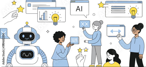 AI Chat Vector Illustration, Human and Artificial Intelligence Collaboration, Chatbot Assistant, Online Communication, Smart Technology Concept