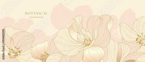 Botanical flowers vector background with soft beige lily line background with gentle botanical shapes in beige and cream and gold. Calm design for wallpaper, stationery, packaging, branding.