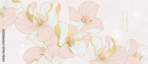 Wallpaper Mural Botanical flowers vector background with pastel blooms with gold outlines on soft pink background in pink and cream and gold. Fresh design for wallpaper, card, branding, packaging. Torontodigital.ca