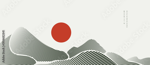 Mountain landscape vector background with minimal line hills with red sun and soft gray background in gray and white and black. Minimal design for poster, branding, cover, template.