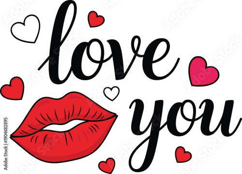 Love you cursive text design, romantic typography artwork, red lips kiss vector, valentine symbol illustration, emotional affection graphic, holiday romance art