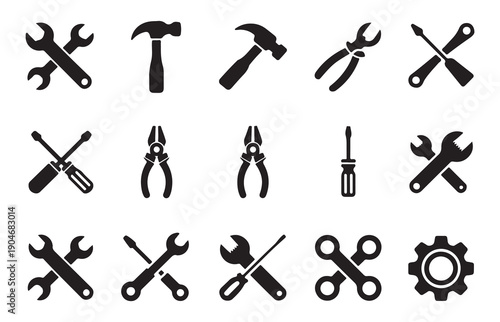 Collection of solid black tool icons hammer wrench pliers screwdriver and gear for repair service