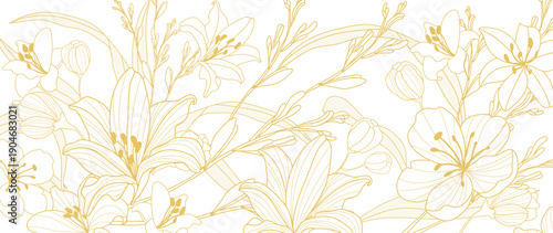 Botanical pattern vector background with gold lily line background with leaves and buds in gold and cream and white. Elegant design for wallpaper, stationery, branding, packaging.
