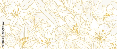 Lily floral line art vector pattern background with gold outline flowers on cream white backdrop. Elegant luxury design for wedding invitations, greeting cards, stationery, wallpaper and packaging.