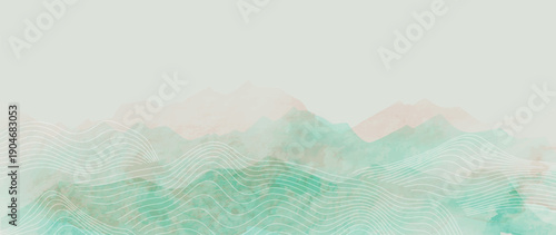 Mountain landscape vector background with soft mint haze mountains with gentle lines and copyspace in mint and green and cream. Dreamy design for wallpaper, header, web, branding.