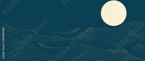 Mountain landscape vector background with night mountains with large moon on dark teal background in teal and navy and cream. Moody design for wallpaper, poster, cover, header.