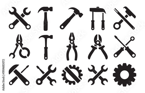 Industrial tool icons set with hammers wrenches pliers and screwdrivers for maintenance and repair