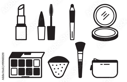 Beauty cosmetics set with lipstick mascara eyeshadow palette and makeup brush black vector sketches