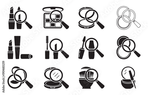 Set of cosmetic makeup items with magnifying glass icons vector illustration
