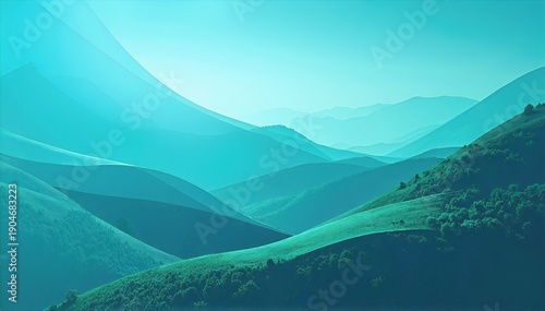 a serene landscape painting of distant blue mountains and clustered evergreen trees beneath a soft, pastel sky
