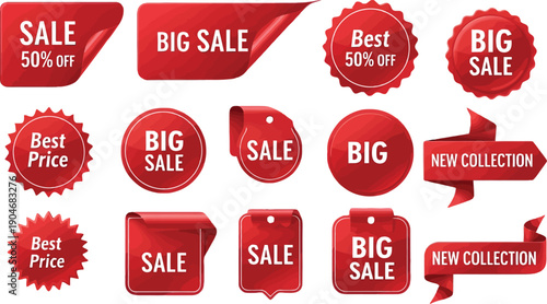 Realistic Red Sale Label Vector Illustration, Price Discount Ribbon, New Collection Banner, Product Promotion Sticker, 3D Business Emblem