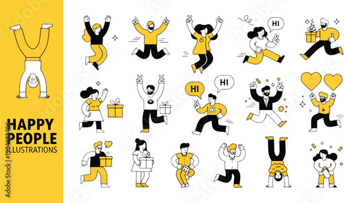 Happy People Vector Illustration Set, Joyful Corporate Memphis Characters Celebrating Love, Success, Milestones, and Positive Emotions for Social Media and Marketing