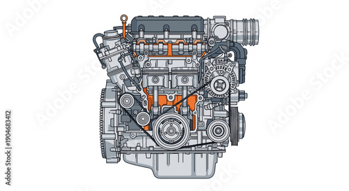 Detailed Technical Illustration of Car Engine.