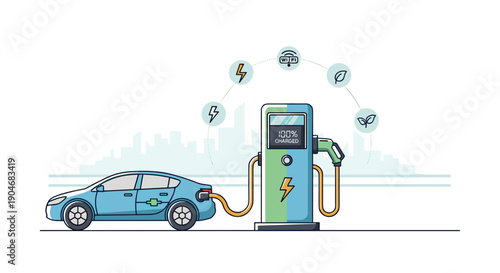 Electric Car Charging at Station Illustration 1.