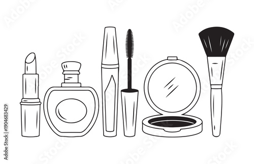 Makeup collection including lipstick perfume bottle mascara and face powder with brush line drawing