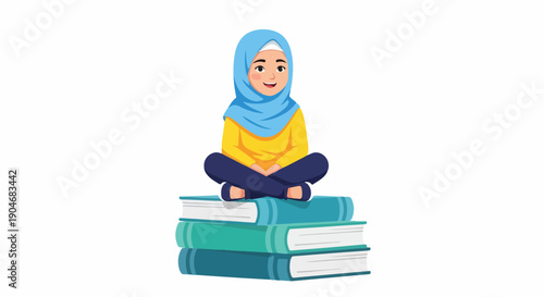 Young Muslim girl in hijab sitting on stack of books, symbolizing education and knowledge acquisition