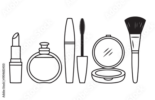 Cosmetic icons featuring lipstick round perfume bottle mascara tube and powder compact with brushes