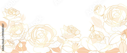 Luxury floral vector background with gold rose outline with peach accents on white background in gold and peach and cream. Luxury design for wedding, invitation, branding, packaging.