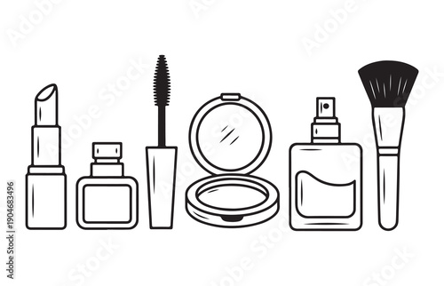 Modern beauty kit illustration showing lipstick square perfume bottle mascara compact mirror and brush