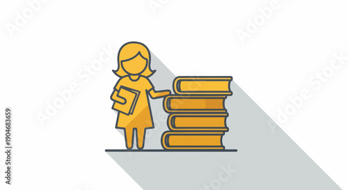 Minimalist flat design illustration of a female figure holding a book, standing beside a stack of educational books, symbolizing learning, knowledge, and literacy.