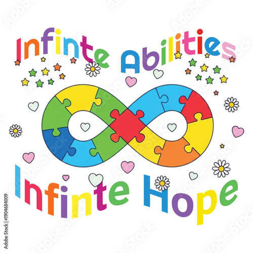 A colorful illustration of infinite abilities and hope with puzzle pieces