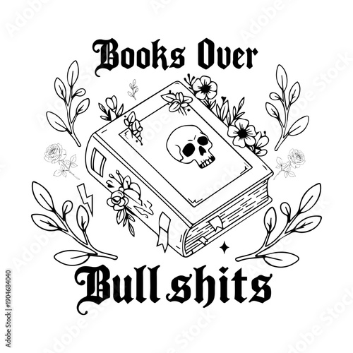 A black and white illustration of a book with a skull on it