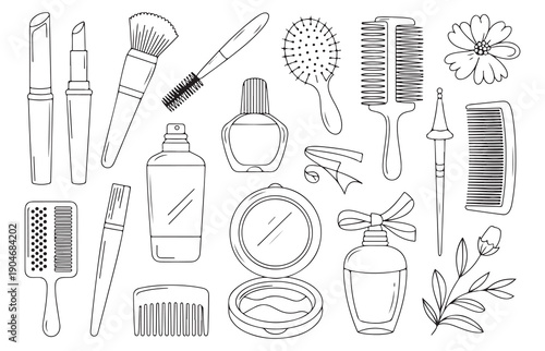 Hand drawn cosmetic and hair accessories collection with linear beauty product icons vector illustration