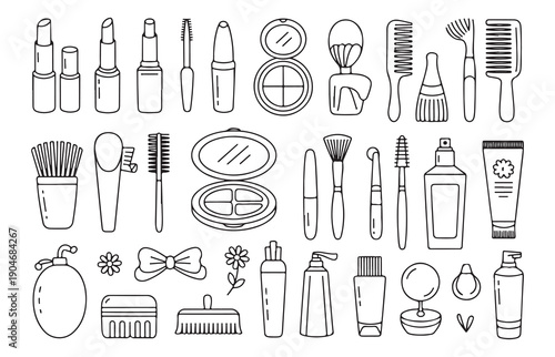 Beauty and makeup product outline icons set for cosmetic branding and personal care design