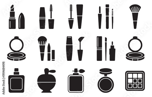 Assortment of black vector cosmetic icons featuring makeup products and beauty application tools for skincare and glamour