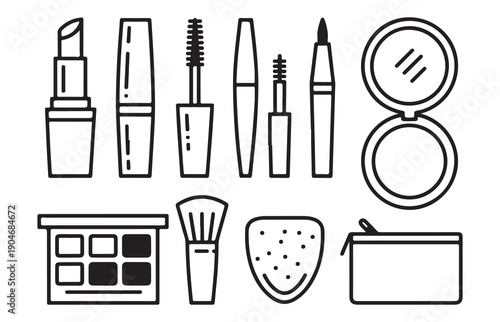 Minimalist black line art icons for makeup and beauty products, showcasing cosmetic tools and essentials for personal care
