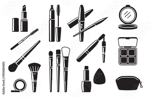 Diverse black silhouette icons representing makeup tools, cosmetics, and beauty accessories for application and personal care