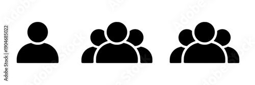 People group icon set with single user, two-person team and three-person crowd silhouettes in black, minimalist flat pictograms for community, members, users and network UI
