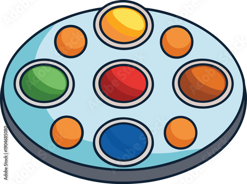 Minimalist vector icon of a thali plate with gulal compartments arranged as a solar system, cosmic festival concept