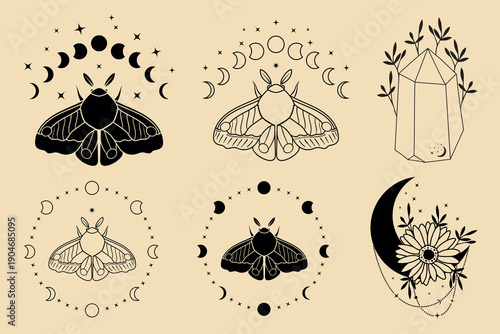 Set of vector esoteric hand drawn illustrations with moth, moons, stars and flowers