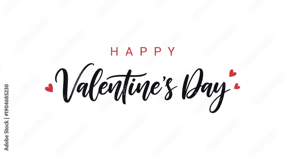 Fototapeta premium Happy Valentine's Day calligraphy text, elegant handwritten script with red hearts, romantic holiday greeting card vector illustration