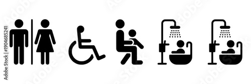 Bathroom icons set with people in different situations and accessibility features illustrated featuring toilet, shower, bathtub with disabled and restroom elements for symbols, signs projects, clean