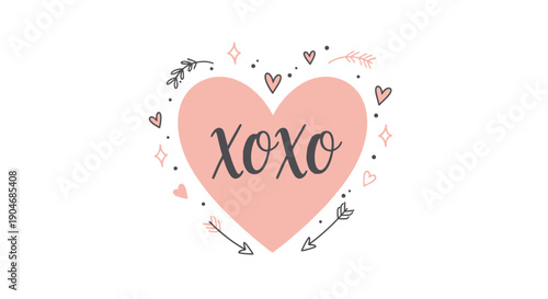 Valentines day illustration of heart with XOXO surrounded by hearts and arrows