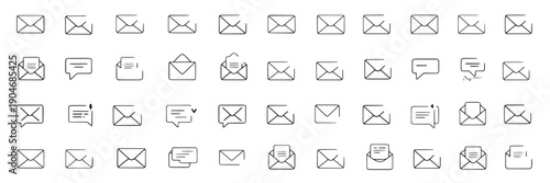 Mail icons outline set with envelope, open letter, message bubbles and document symbols in minimal thin line style for email, inbox, communication UI and web app design