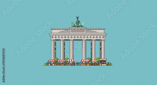 Brandenburg Gate Berlin illustration with market stalls on a teal background iconic landmark vector art representing German culture and tourism