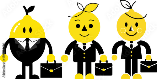 Three stylized yellow lemon characters wearing formal black suits and ties stand together representing a business team or company mascot concept in this graphic design.