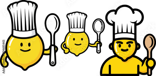 Three distinct cartoon characters depicted as chefs wearing tall toques while holding various sizes of silver and wooden spoons ready for cooking.