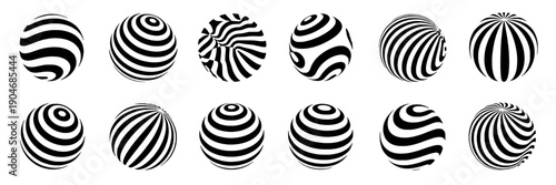 Balls vector set with black and white stripes and patterns on spherical surfaces for design and illustration featuring artistic, abstract, modern with geometric and stylish elements for creative,