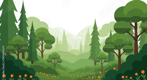 Stylized Green Forest Landscape with Hills and Small Flowers, Flat Vector Illustration