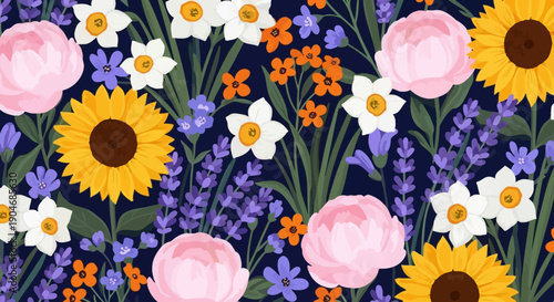 Vibrant Summer Floral Garden Pattern with Sunflowers, Peonies, and Lavender