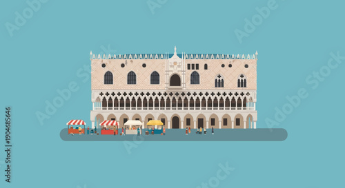 Flat Design Illustration of the Doge's Palace in Venice, a Historic Landmark with Market Stalls and People against a Blue Background