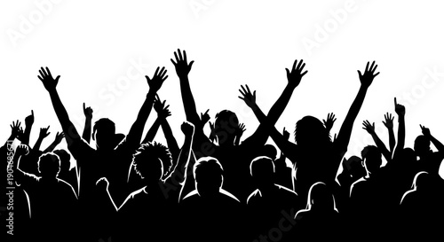 Silhouette Crowd Cheering with Hands Raised at Concert or Festival Event