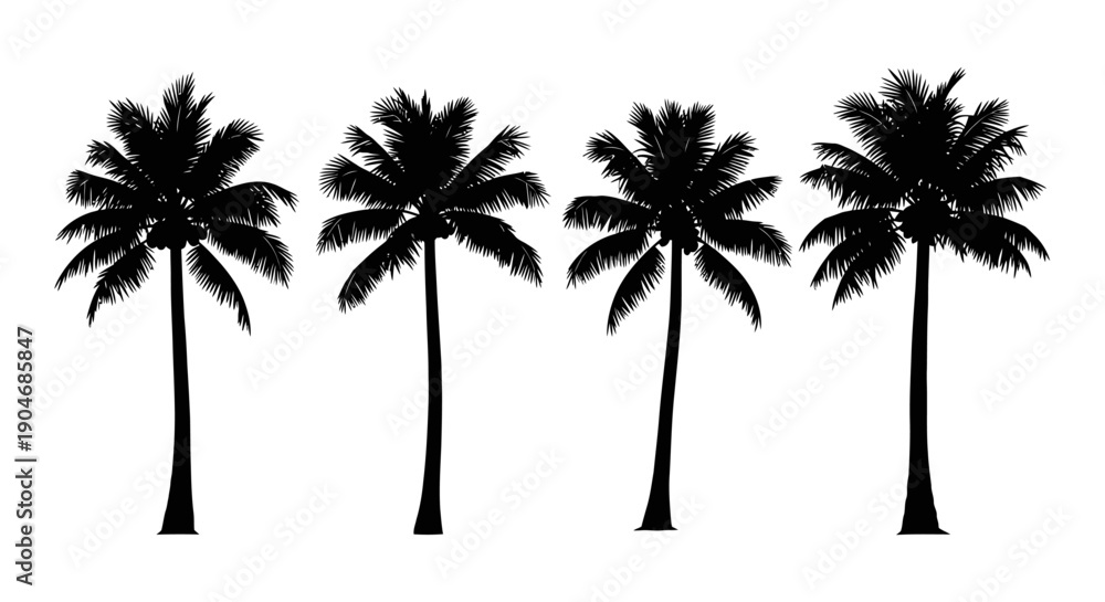 Obraz premium Silhouettes of Four Coconut Palm Trees on a White Background