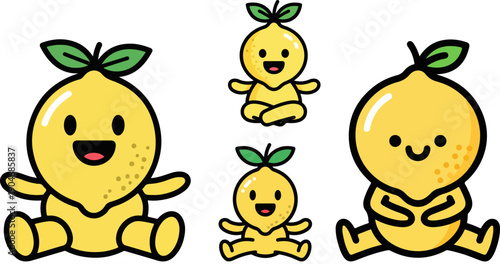 Adorable collection of four cheerful cartoon lemon characters with bright yellow skin and green leaves displaying various happy expressions against a transparent background.
